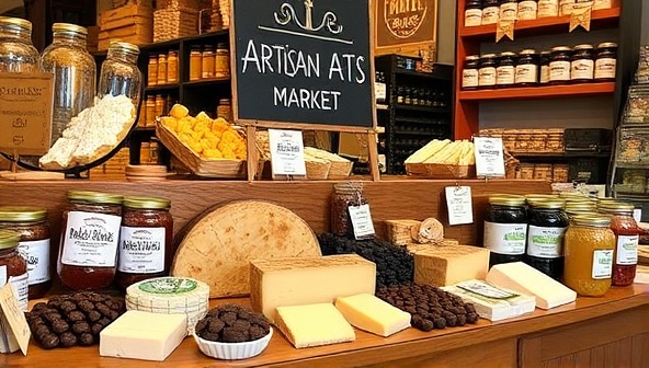 An enticing display of artisanal food products, including gourmet cheeses, handmade chocolates, organic preserves, and locally sourced honey, arranged in a visually appealing marketplace setting, inviting customers to savor the flavors of Artisan Eats Market.