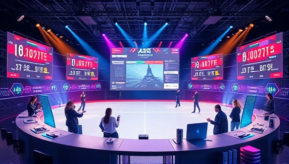 An artistic representation of a virtual design arena where participants engage in a website design challenge, surrounded by a digital scoreboard, design tools, and a vibrant, competitive atmosphere, capturing the excitement of WebQuestChallenge.