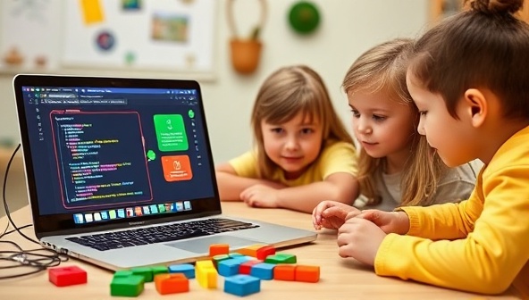 An interactive coding session for kids featuring colorful coding blocks, a laptop displaying a coding platform, and enthusiastic young learners collaborating on a coding project, promoting a fun and educational coding experience tailored for children.
