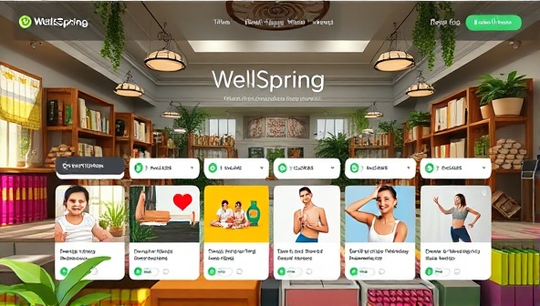 An immersive virtual marketplace interface displaying a variety of wellness services, from yoga classes and cooking workshops to mindfulness sessions and fitness challenges, with vibrant graphics and user-friendly navigation, inviting users to explore and engage with WellSpring's holistic offerings.