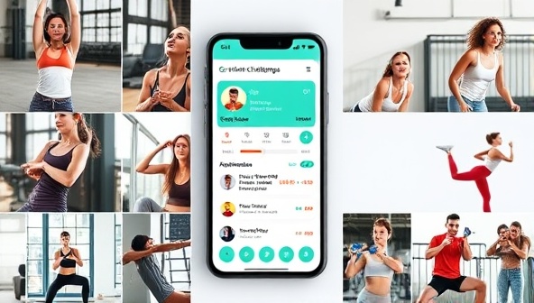 A mobile app screen displaying a gamified fitness challenge interface with progress bars, achievements, and social features, surrounded by images of users exercising and engaging in virtual fitness challenges, showcasing motivation and community support.