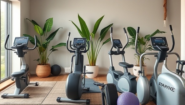 An array of sleek, modern fitness equipment neatly arranged in a home setting, with soft lighting and plants in the background, conveying a sense of accessibility and functionality in a cozy environment.