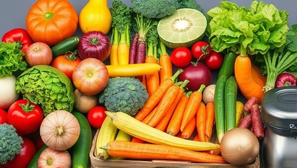 A vibrant image of a diverse array of fresh, colorful vegetables and fruits arranged neatly in eco-friendly packaging, symbolizing sustainability and freshness.