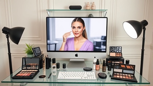 An elegant virtual makeup studio setup with a professional makeup artist conducting a virtual consultation on a computer screen, surrounded by a variety of makeup products and tools, showcasing the convenience of online beauty services.