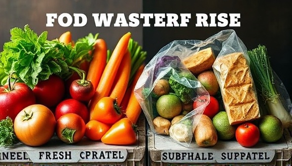 An impactful and thought-provoking image highlighting food waste reduction efforts, featuring a comparison of fresh produce and surplus items on the WastelessKitchen platform, illustrating the importance of reducing food waste and promoting sustainable consumption practices.
