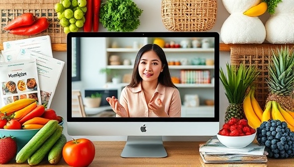 A professional and welcoming virtual nutrition consultation setup with a dietitian providing advice on a computer screen, surrounded by fresh fruits, vegetables, and nutritional guides, conveying expertise and personalized dietary support offered by NourishWise Virtual Nutrition.