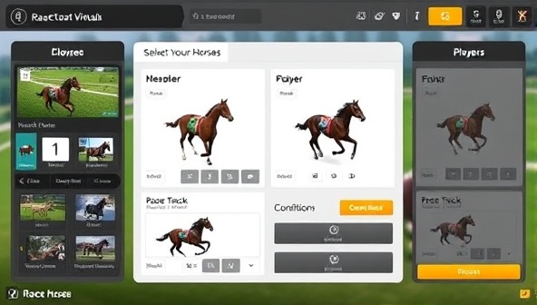 A customizable virtual horse racing interface showing players designing their virtual horses, selecting race tracks, and setting race conditions, highlighting the creative and interactive nature of RaceCraft Virtuals.