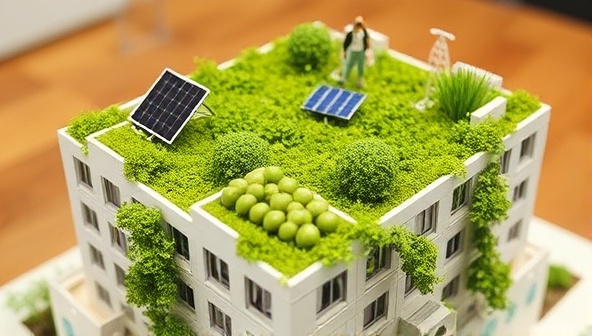 An architectural model showcasing a building with a modular green roof system, featuring lush vegetation, solar panels, and rainwater harvesting elements, illustrating the concept of sustainable urban architecture.