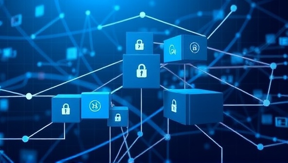 An abstract representation of interconnected blocks forming a web design layout, with blockchain symbols and cryptocurrency icons integrated into the design elements, illustrating the secure and transparent nature of BlockWeb Designs' blockchain-powered marketplace for web design assets.