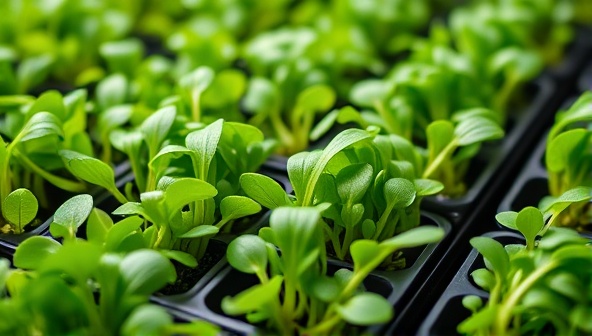 An elegant image of vibrant, freshly harvested microgreens neatly arranged in small trays, with a sleek logo of the subscription service displayed subtly in the corner, emphasizing freshness and quality.