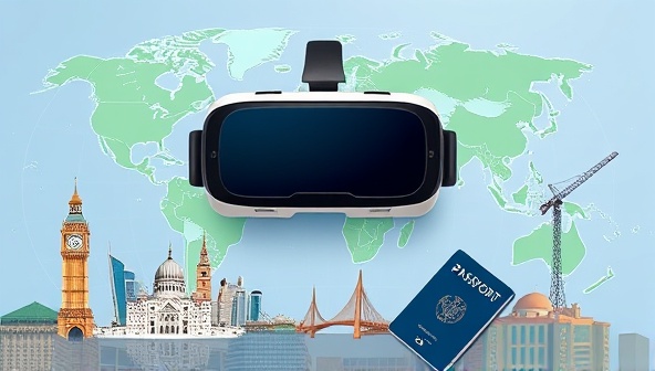 An immersive VR headset surrounded by a virtual world map, iconic global landmarks, and a digital passport, symbolizing the boundary-breaking and experiential nature of virtual reality travel experiences.