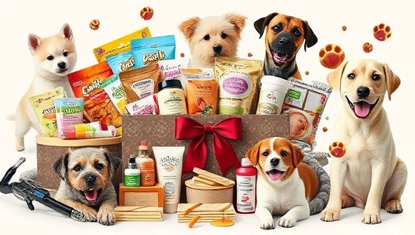 An adorable collage featuring a variety of pet items like toys, treats, grooming products, and accessories arranged in a beautifully decorated pet box, surrounded by playful pets enjoying the surprises, conveying joy, pampering, and love for furry companions.