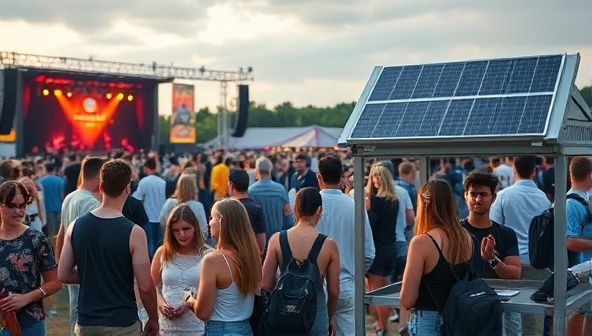 An outdoor music festival scene with people enjoying the event while their devices charge at a SunCharge Station powered by solar panels, showcasing a blend of technology and sustainability.