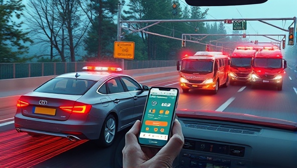 An impactful digital illustration depicting a car safety network in action, featuring a car equipped with advanced safety sensors, a smartphone displaying real-time safety alerts, and emergency response vehicles rushing to the scene of an accident, conveying a message of swift and reliable safety support in critical situations to reassure drivers and passengers.