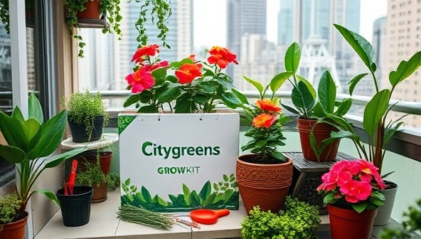 An urban oasis setting featuring a CityGreens GrowKit with lush potted plants, gardening tools, and vibrant blooms adorning a modern balcony garden or indoor plant shelf, creating a serene and green sanctuary in the heart of the city, illustrating the beauty and possibility of urban gardening.