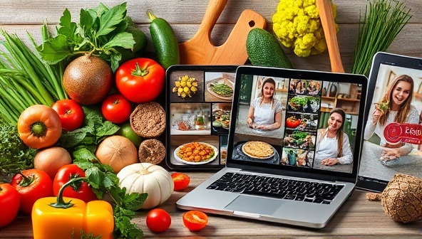 A colorful collage of fresh ingredients, cooking utensils, and a laptop displaying a virtual cooking class, blending the traditional kitchen setting with modern technology for a vibrant cooking experience.