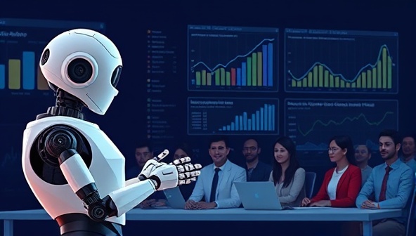 An engaging visual of a robot analyzing investment trends and presenting personalized recommendations to a diverse group of investors, illustrating the AI-powered aspect of the business.