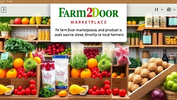 A digital storefront showcasing a variety of fresh produce, dairy products, and artisanal goods sourced directly from local farmers, with vibrant images of fruits, vegetables, and handmade products, inviting customers to explore the Farm2Door Marketplace.