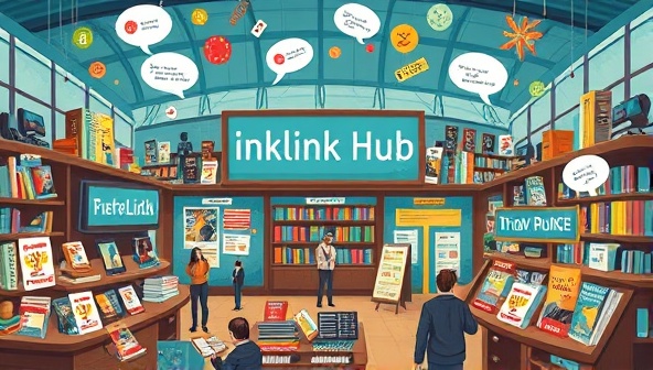 An imaginative visual representation of InkLink Hub as a bustling virtual marketplace filled with diverse writer profiles, book cover thumbnails, and collaborative project listings, surrounded by vibrant communication bubbles and creative sparks, symbolizing a vibrant hub of literary connections and opportunities for writers to explore and expand their writing careers.