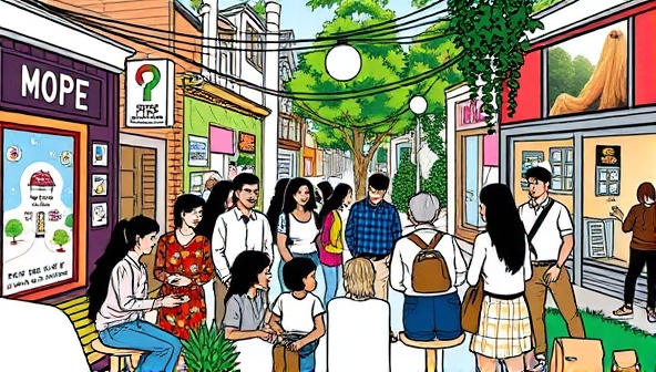 A vibrant community hub buzzing with activity, where residents and business owners gather to collaborate on creating engaging advertisements that reflect the unique spirit and essence of their neighborhood, fostering a sense of unity and creativity.