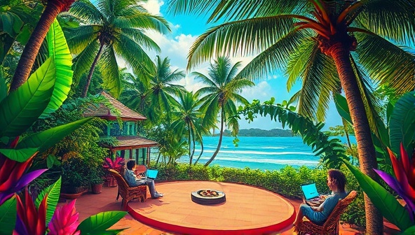 An artistic depiction of a fantasy writing retreat set in a lush tropical paradise, with writers gathered under palm trees, laptops in hand, surrounded by vibrant flora and fauna, capturing the essence of inspiration, creativity, and adventure in the Enchanted Ink Retreats experience.