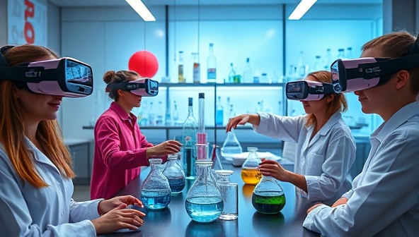 A virtual science lab scene with students wearing VR headsets, conducting experiments with digital lab equipment, and observing reactions, creating an immersive and engaging learning environment that bridges the gap between theory and practice.