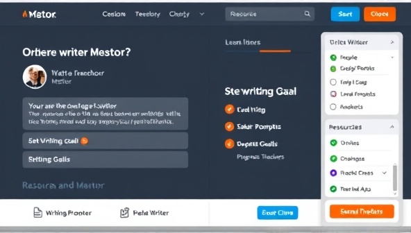 An engaging platform interface showing a writer receiving feedback from a mentor, setting writing goals, and accessing resources like writing prompts and progress trackers, illustrating the personalized and supportive nature of the coaching platform.