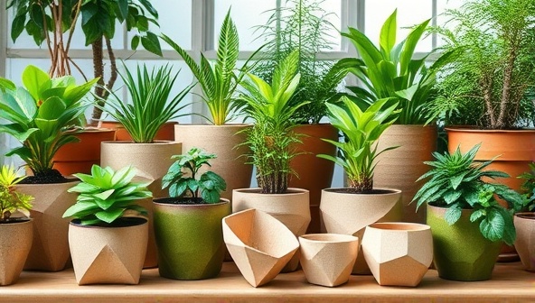 An array of biodegradable planting pots in various shapes and sizes, filled with vibrant green plants, arranged in a modern and eco-friendly indoor garden setting, highlighting the beauty and sustainability of the pots.
