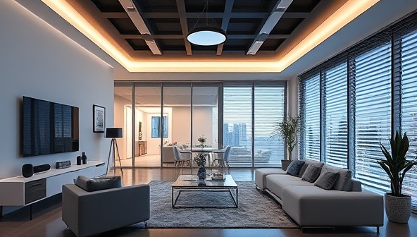 A modern and technologically advanced living room showcasing smart home devices such as a voice-controlled speaker, smart lighting system, and automated blinds, creating a futuristic and interconnected home environment with the expertise of SmartLiving Solutions evident in every detail.