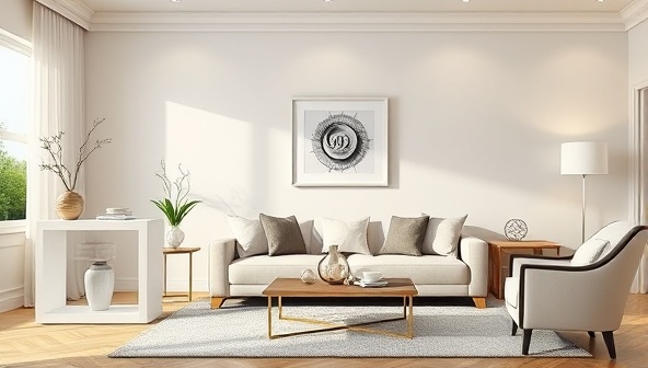 An artistic rendering of a living room featuring customized 3D printed home decor pieces, such as a uniquely designed vase, wall art, and decorative items, showcasing the elegance and personalization offered by PrintPerfection Design.