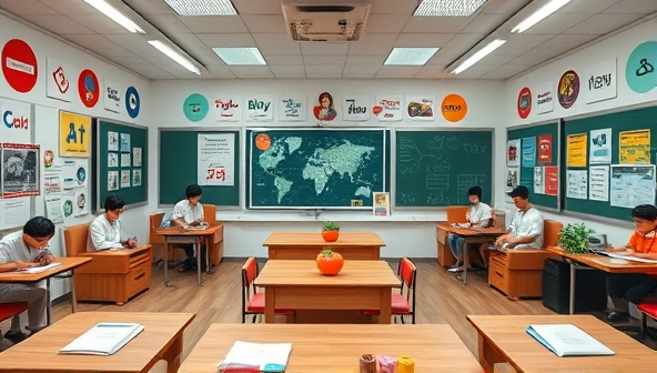 An immersive language learning environment showcasing a virtual classroom setting with diverse language materials, cultural symbols, and interactive language exercises on the screen, creating a dynamic and engaging space for language learners.