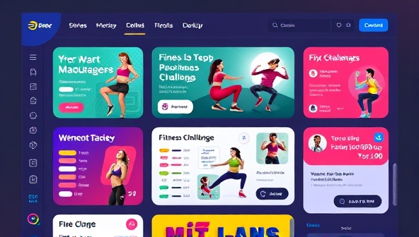 A digital platform interface showcasing various fitness challenges with vibrant graphics, progress trackers, and social engagement features, illustrating a dynamic and motivating fitness environment.