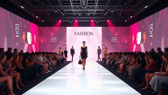 A virtual fashion runway stage with digital models showcasing designer collections, interactive product links, and real-time audience reactions, creating a dynamic and immersive fashion show experience online.