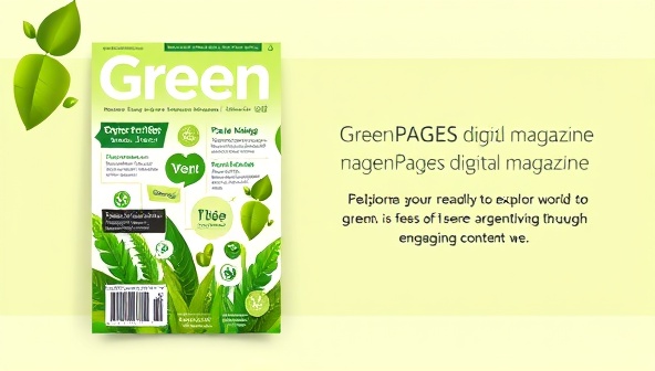 An artistic representation of GreenPages' digital magazine cover, featuring vibrant green hues, nature-inspired graphics, and eco-conscious symbols, conveying a sense of sustainability and environmental awareness to potential subscribers, inviting them to explore the world of green living through engaging content.