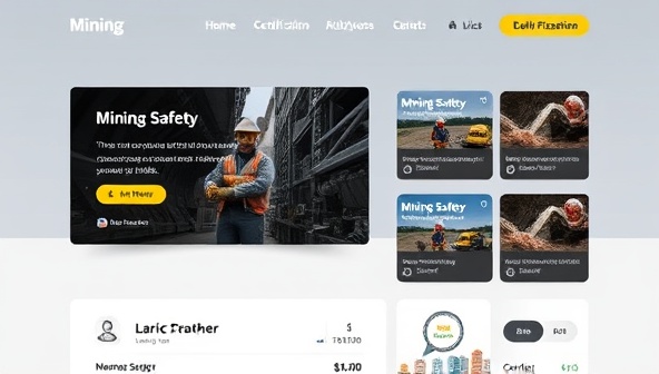 An online training platform interface showing interactive modules on mining safety, with engaging visuals, quizzes, and certifications, illustrating a dynamic and engaging learning experience for miners.