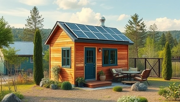 A picturesque setting showcasing a beautifully crafted tiny house surrounded by nature, solar panels on the roof, a rainwater collection system, and a cozy outdoor living space, embodying sustainable and minimalist living.