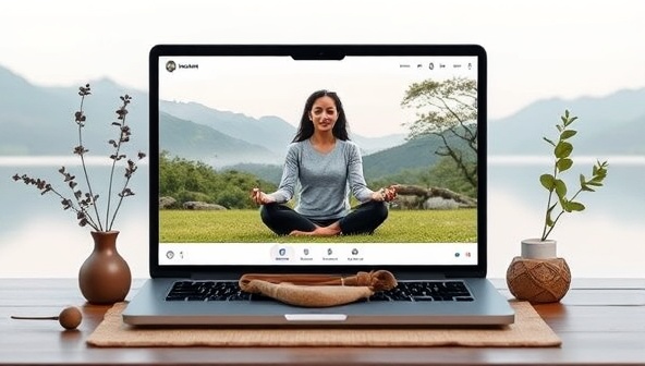 An online mindfulness coaching session depicted with a serene backdrop, featuring a coach leading a virtual group through a meditation practice, surrounded by calming nature elements, creating a tranquil and reflective atmosphere for participants to engage in mindfulness exercises and enhance their well-being through MindfulFit Coaching.