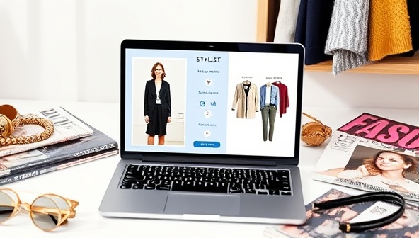 A laptop displaying a virtual styling session with a stylist showcasing different outfit options on the screen, surrounded by fashion magazines and accessories, creating a stylish and modern atmosphere.