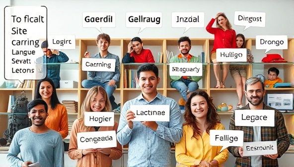 A split-screen image showing a diverse group of people engaging in virtual language lessons, with text bubbles in different languages floating around, symbolizing global communication and learning.