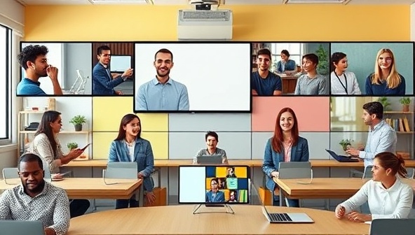 A vibrant virtual classroom setting with diverse avatars engaging in language exchange conversations via video chat, showcasing a dynamic and interactive learning environment.