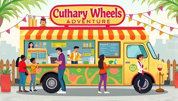 An animated food truck illustration showcasing vibrant colors, themed decorations, interactive cooking stations, and enthusiastic customers engaging with chefs and participating in culinary activities, capturing the dynamic and lively atmosphere of the Culinary Wheels Adventure experience.