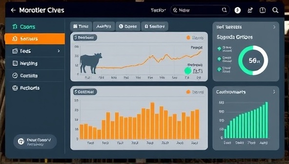 An interactive dashboard display showing real-time data from IoT sensors monitoring livestock health and behavior, with visual indicators of feed consumption, activity levels, and environmental conditions, illustrating the precision and care in managing livestock using technology.