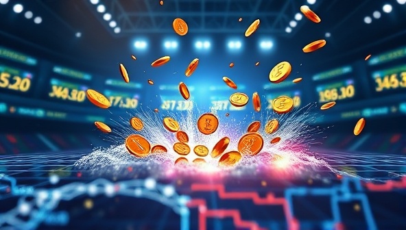 An engaging visual of digital coins and tokens flowing into a virtual betting pool, symbolizing the fusion of cryptocurrency and betting in a dynamic and futuristic marketplace setting.