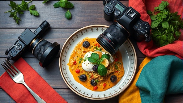 An aesthetic photography setup with a camera capturing a beautifully plated dish, surrounded by props like vintage cutlery, fresh herbs, and colorful napkins, creating an artistic and inspiring ambiance for food photography enthusiasts.