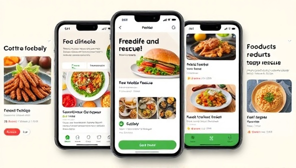 An engaging app interface showcasing various food offers from partner establishments, with colorful images of discounted meals and products ready for rescue, set against a backdrop of eco-friendly messaging and user-friendly navigation features, inviting users to join the food waste reduction movement.