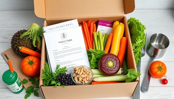 An elegantly designed meal kit box featuring vibrant ingredients, personalized recipe cards, and chef-grade cooking tools, symbolizing culinary creativity and convenience.