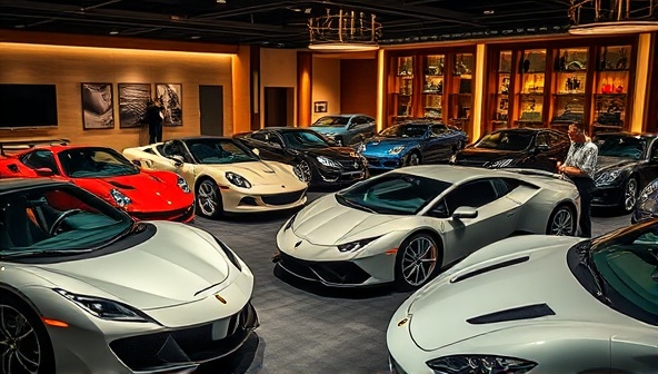 A luxurious car subscription club scene with a lineup of exotic cars, a concierge assisting members with car selection, and a lounge area for club members to relax and socialize, exuding elegance and exclusivity.