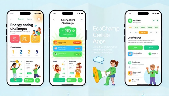 An engaging app interface design showcasing energy-saving challenges, progress trackers, and leaderboards, with diverse avatars participating in eco-friendly tasks, earning points, and celebrating achievements together, conveying the fun and impactful nature of the EcoChamp Challenge app.