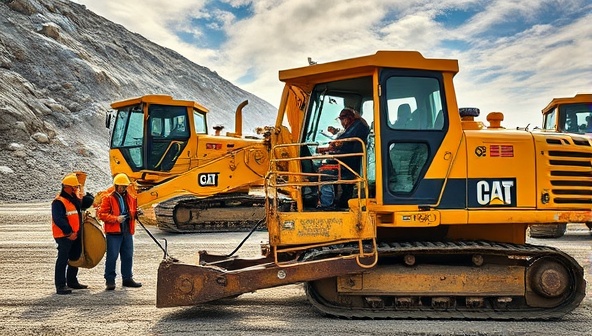 A dynamic image showing a diverse group of miners using cutting-edge equipment at a mining site, highlighting the efficiency and modernity of the rented machinery in action.