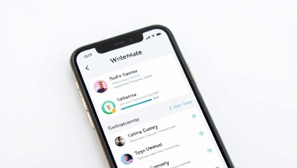 A smartphone displaying the WriteMate app interface, with progress bars, motivational quotes, and a vibrant online community chat, showcasing the app's features and user engagement.